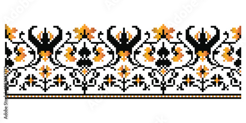 Folk pixel botanical repeat ornament, recreated from traditional embroidery pattern of Poltava region, Ukraine