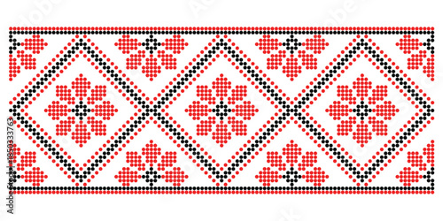 Repeated flower border line ornament  in traditional red and black colors, with Poltava region, Ukrainian embroidery motifs