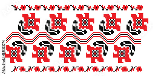 Pixel red flowers repeat ornament set, traditional embroidery pattern of Poltava region, Ukraine