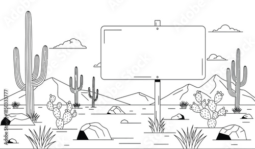A black and white illustration depicts a desert landscape featuring cacti mountains clouds and a blank signpost offering space for text high quality