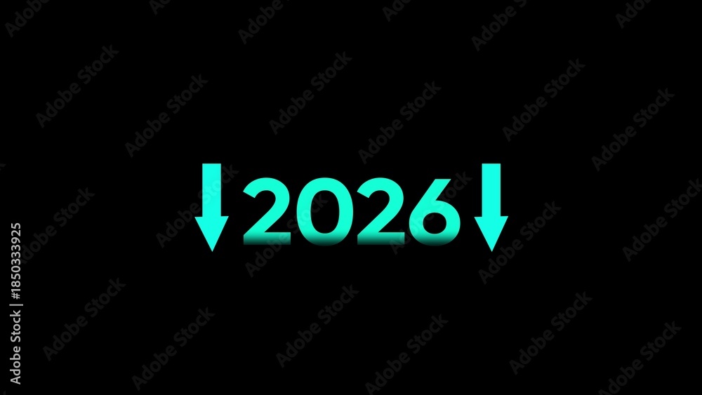 Obraz premium Glowing teal 2026 with downward arrows on black background green