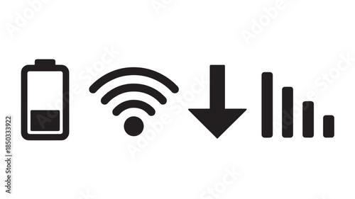 Low battery with Wi-Fi signal and decreasing signal strength bars in simple flat design for mobile technology