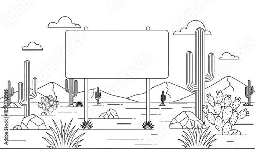 a detailed line art illustration depicts a desert landscape with cacti mountains clouds and a blank signpost offering a versatile template high quality