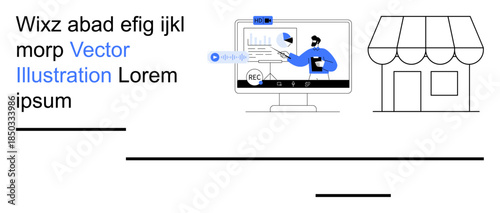 Education, online training, ecommerce, business strategy, content creation, remote work. Computer screen showing a tutorial or analytics and a storefront. E-learning and ecommerce concepts