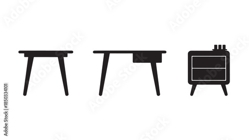 Modern office furniture in minimalist style with simple black silhouettes on white background for graphic design