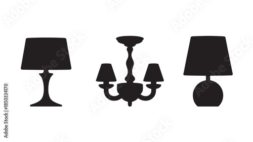 Table Lamps and Chandelier Silhouettes in Modern Minimalist Black Silhouette on White Background for Interior Design