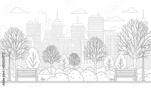 a detailed black and white line drawing showcases a cityscape with trees in the foreground park benches and a clear sky above creating a peaceful