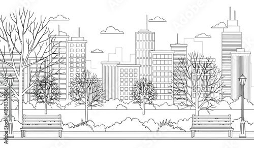 a detailed line art rendering showcases a tranquil cityscape with bare trees park benches and tall buildings under cloudy skies creating a serene atmosphere