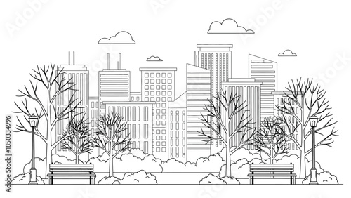 a detailed line art illustration depicts a cityscape with tall buildings bare trees park benches and fluffy clouds in a serene setting