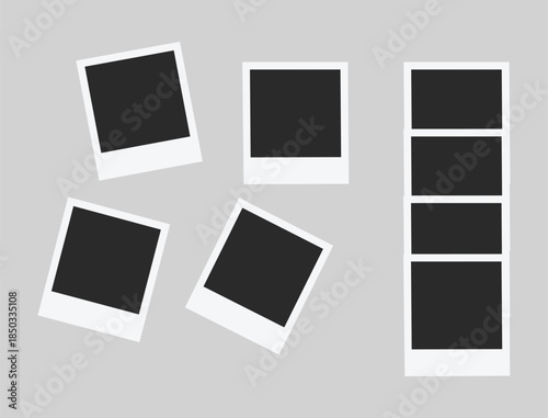 Collection of instant photos and photo strips on light gray background flat lay