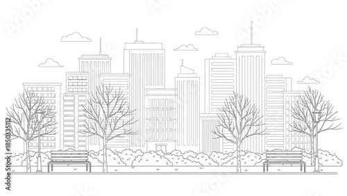 a detailed line drawing depicts a cityscape with tall buildings sparse trees park benches and fluffy clouds above the urban landscape high quality