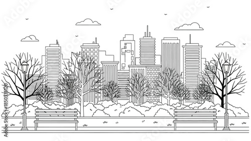 a detailed black and white line drawing depicts a city skyline with tall buildings trees park benches and sparse clouds above high quality