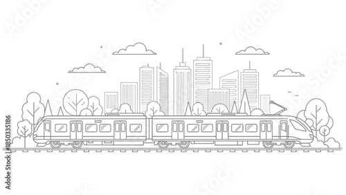 a detailed line art illustration depicts a modern commuter train traveling through a stylized cityscape with prominent skyscrapers and fluffy clouds high quality