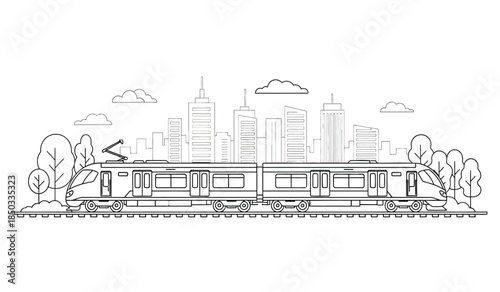 a detailed black and white line drawing depicts a train traveling through a city landscape with tall buildings and trees high quality professional