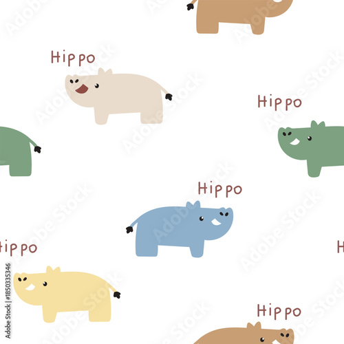 Vector hand drawn seamless pattern with cute hippopotamus colorful, 
