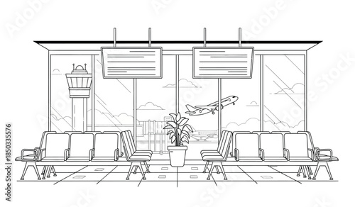a simple black and white illustration depicts an airport waiting area with seating a view of an airplane and a control tower