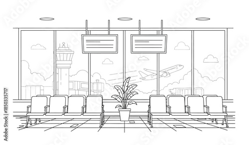 a detailed line drawing depicts an airport waiting area with rows of chairs a view of the runway and air travel elements
