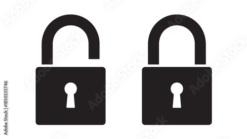 Padlocks in unlocked and locked state in simple flat design with black color on white background for security icon