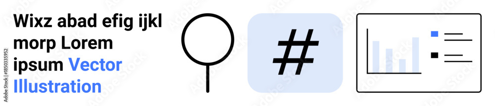 Obraz premium Search magnifier, metadata tag icon, and bar graph with lists as digital interface elements. Ideal for interfaces, analytics, search, UX design, SEO, data collection and a simple landing page