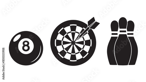 Billiard ball, dartboard with dart, and bowling pins in simple flat design with black and white color scheme for entertainment icons