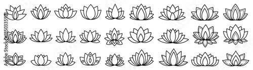 Set of vector line art lotus flower icons for yoga and wellness elegant floral spiritual symbols collection
