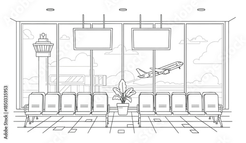 a detailed line drawing depicts an airport waiting area with rows of empty seats a control tower and a plane in flight