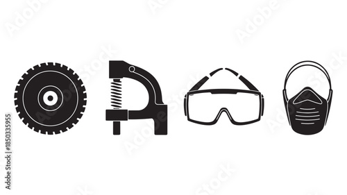 Safety equipment icons in minimalist style with black and white color scheme on plain white background for industrial use