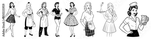 Set of retro waitresses and housewives from the 1950s Beautiful women in vintage clothes vector illustration