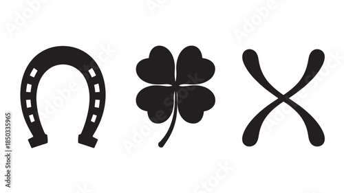 Horseshoe, Four-Leaf Clover, and Crossed Bones Silhouettes in Simple Flat Design with Black Color on White Background for St. Patricks Day