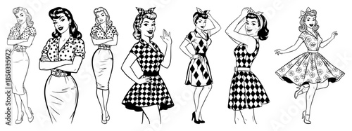 Collection of beautiful pin-up girls in retro dresses Vintage 1950s rockabilly style women vector characters set