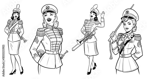 Set of beautiful pin-up girls in vintage military uniforms Women in retro army and marching band outfits vector illustration