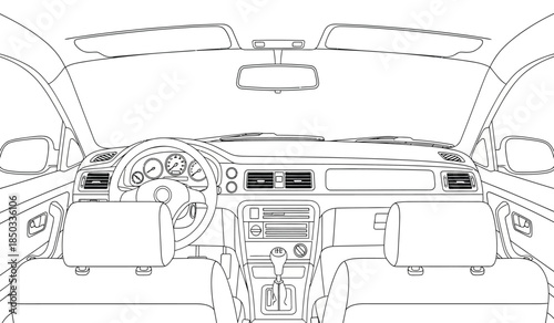 a detailed outline illustration showcases the interior dashboard and front seating arrangement of a classic convertible automobile emphasizing the steering wheel and vents