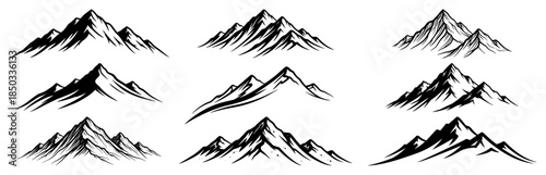 Mountain peak sketch icon set Adventure travel logo elements collection