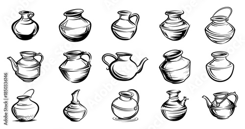Set of hand-drawn clay pots and jugs Vintage sketch style collection of traditional Indian Matka water pots and ceramic pottery