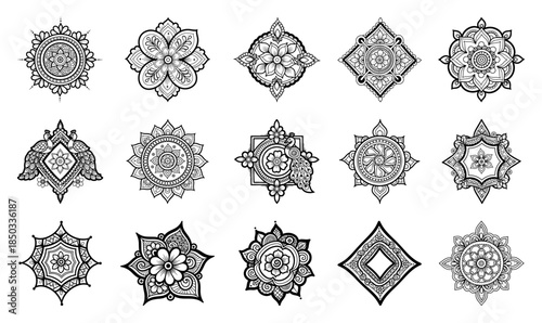 Set of beautiful mandala patterns Indian henna style ornamental designs with floral and peacock elements Ethnic mehndi vector collection