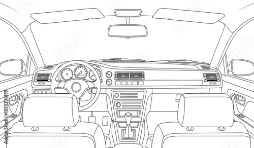a detailed line drawing showcases the interior view from the driver s seat of a vehicle highlighting the dashboard steering wheel and seats