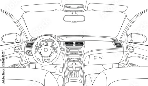 a detailed line drawing showcases the interior dashboard view of a convertible vehicle emphasizing the steering wheel seats and open roof design