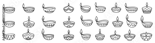 Collection of Diya lamp vector line icons for Diwali festival hand drawn indian oil lamp outline set