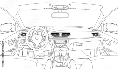 a detailed line drawing showcases the interior view of a modern vehicle highlighting the dashboard steering wheel and seating arrangement with precision