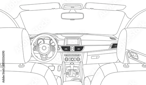 a detailed line drawing showcases the interior view of a modern vehicle s dashboard and front seating arrangement emphasizing simplicity and form