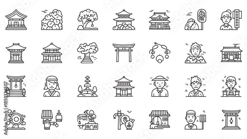 Black outlined illustrations depicting traditional Japanese elements arranged in neat rows