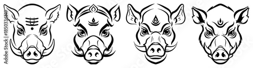 Set of wild boar head illustrations Stylized vector logos of a hog or pig mascot for a hunting club or sport team