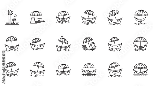 Black outlines illustrate beach scenes including sunbathing, hammocks, trees, and boats, all with a summery vibe