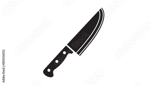 Black silhouette of a chef's knife with a curved blade and three rivets on the handle, isolated on white
