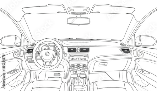 a detailed illustration showcases the interior view of a convertible car focusing on the dashboard steering wheel and seats presented in a clean line art