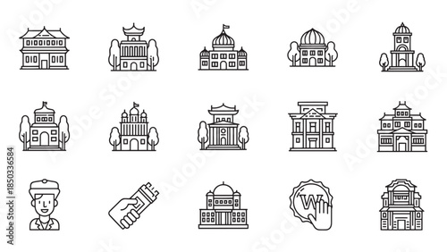 Black-and-white icons, structures including buildings, ticket-holding hand, and a smiling man, against a white backdrop