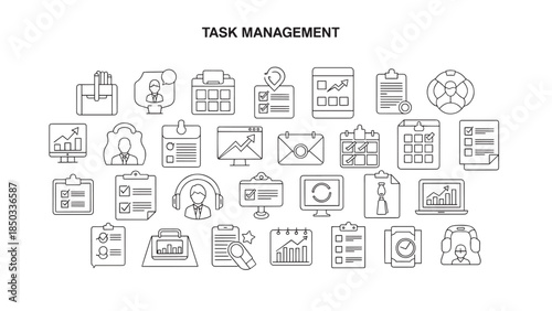Black-and-white icons of various business and task management related items on a white background