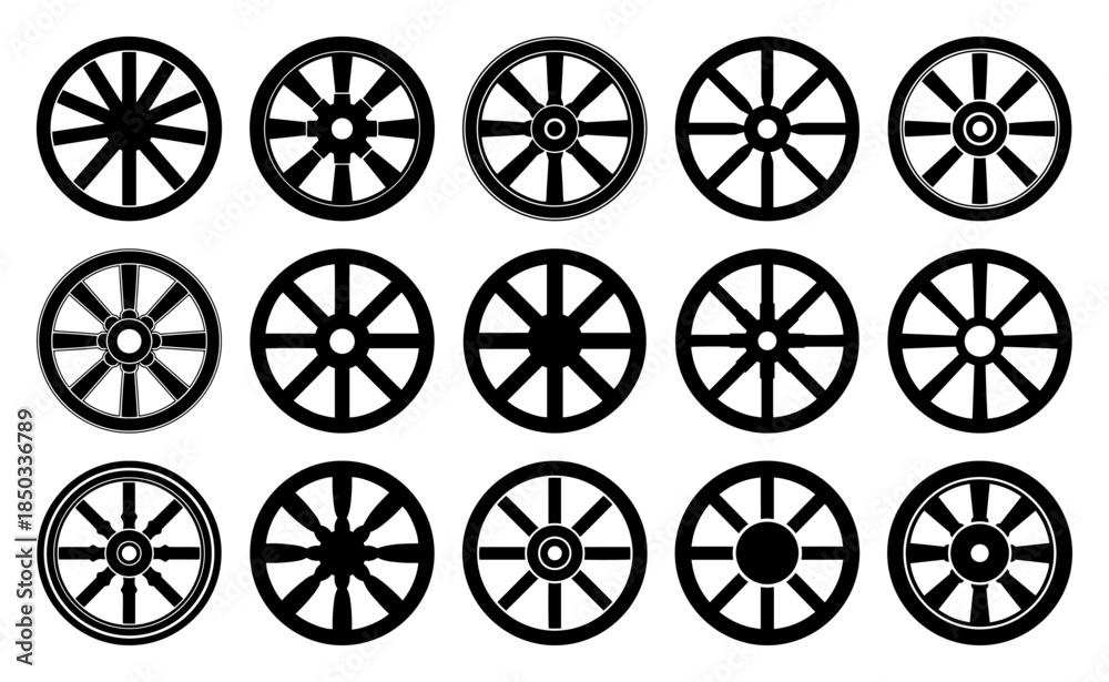 Fototapeta premium Set of wooden wagon wheel icons Collection of old vintage cart wheels vector silhouettes