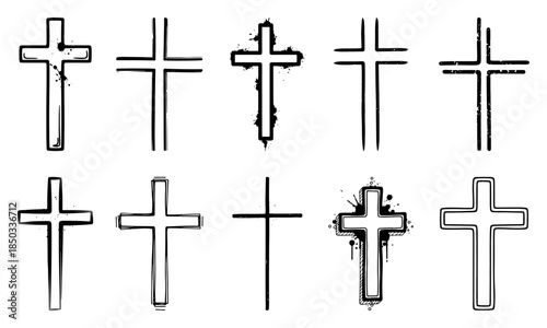 Hand drawn Christian cross vector icon set doodle crucifix religious symbol collection