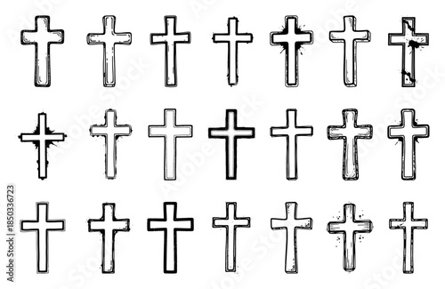 Large set of hand drawn Christian cross vector symbols sketch and grunge crucifix icon collection